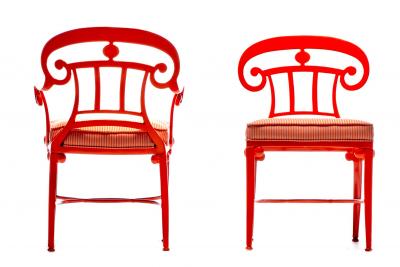 Dorothy Draper Hollywood Regency Style Set of 16 Indoor Outdoor Tangerine Orange Dining Chairs