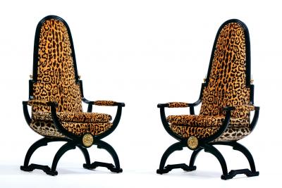 Dorothy Draper Hollywood Regency Tall Back Throne Chairs in Leopard Velvet Ebony Gilt Frames