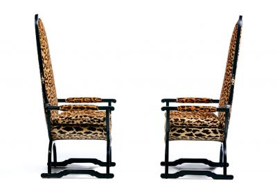Dorothy Draper Hollywood Regency Tall Back Throne Chairs in Leopard Velvet Ebony Gilt Frames
