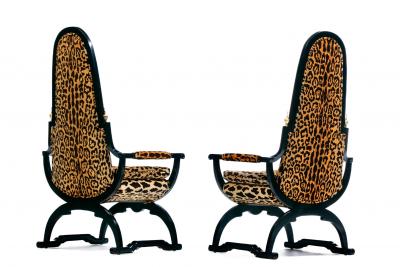 Dorothy Draper Hollywood Regency Tall Back Throne Chairs in Leopard Velvet Ebony Gilt Frames