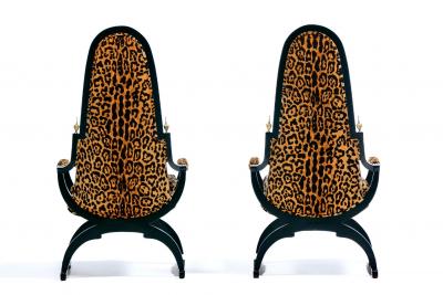 Dorothy Draper Hollywood Regency Tall Back Throne Chairs in Leopard Velvet Ebony Gilt Frames