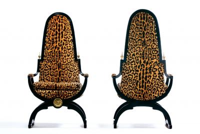 Dorothy Draper Hollywood Regency Tall Back Throne Chairs in Leopard Velvet Ebony Gilt Frames