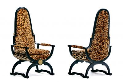 Dorothy Draper Hollywood Regency Tall Back Throne Chairs in Leopard Velvet Ebony Gilt Frames