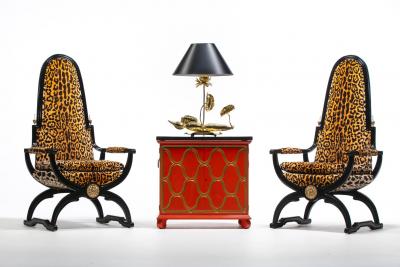Dorothy Draper Hollywood Regency Tall Back Throne Chairs in Leopard Velvet Ebony Gilt Frames