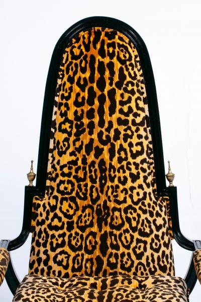 Dorothy Draper Hollywood Regency Tall Back Throne Chairs in Leopard Velvet Ebony Gilt Frames