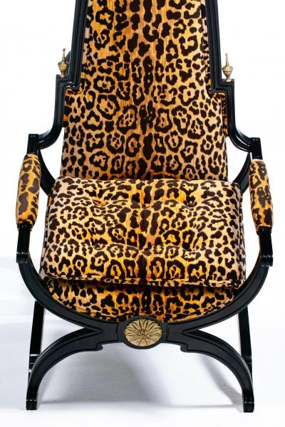 Dorothy Draper Hollywood Regency Tall Back Throne Chairs in Leopard Velvet Ebony Gilt Frames