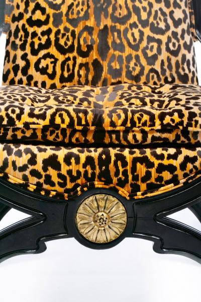 Dorothy Draper Hollywood Regency Tall Back Throne Chairs in Leopard Velvet Ebony Gilt Frames