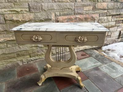 Dorothy Draper Lovely Hollywood Regency Harp Style Marble Top Console Table