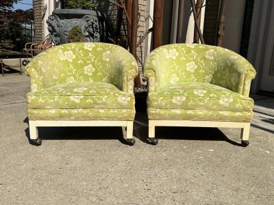 Dorothy Draper MID CENTURY PAIR OF UPHOLSTERED PATENT LEATHER CHAIRS MANNER OF DOROTHY DRAPER