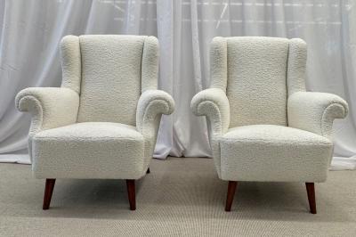 Dorothy Draper Pair American Mid Century Scroll Lounge Wingback Chairs Boucle Draper Style