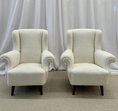 Dorothy Draper Pair American Mid Century Scroll Lounge Wingback Chairs Boucle Draper Style