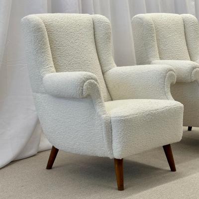 Dorothy Draper Pair American Mid Century Scroll Lounge Wingback Chairs Boucle Draper Style