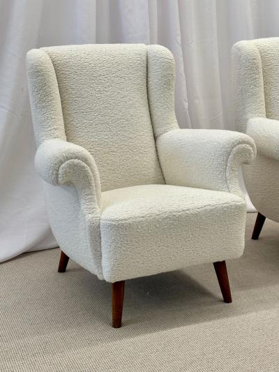 Dorothy Draper Pair American Mid Century Scroll Lounge Wingback Chairs Boucle Draper Style