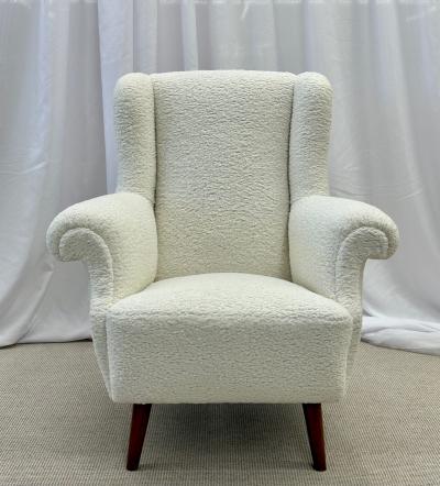Dorothy Draper Pair American Mid Century Scroll Lounge Wingback Chairs Boucle Draper Style