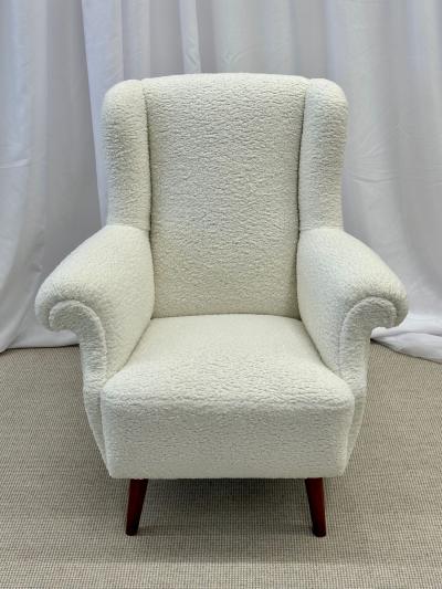 Dorothy Draper Pair American Mid Century Scroll Lounge Wingback Chairs Boucle Draper Style