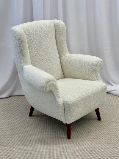 Dorothy Draper Pair American Mid Century Scroll Lounge Wingback Chairs Boucle Draper Style