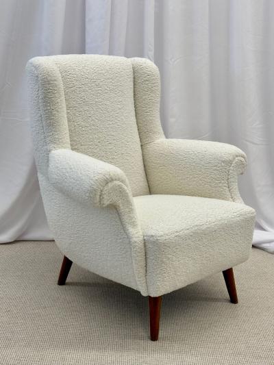 Dorothy Draper Pair American Mid Century Scroll Lounge Wingback Chairs Boucle Draper Style