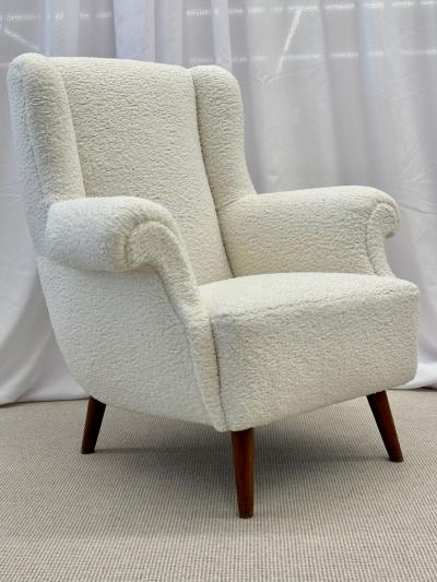 Dorothy Draper Pair American Mid Century Scroll Lounge Wingback Chairs Boucle Draper Style