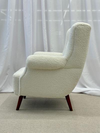 Dorothy Draper Pair American Mid Century Scroll Lounge Wingback Chairs Boucle Draper Style