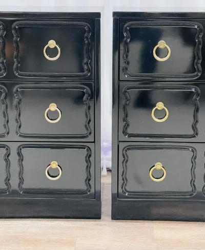 Dorothy Draper Pair Mid Century Modern Ebony Commodes Nightstands Chests Dorothy Draper Style