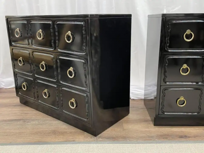 Dorothy Draper Pair Mid Century Modern Ebony Commodes Nightstands Chests Dorothy Draper Style