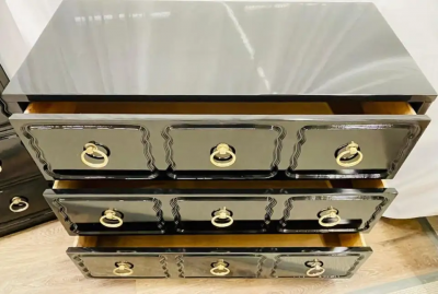 Dorothy Draper Pair Mid Century Modern Ebony Commodes Nightstands Chests Dorothy Draper Style