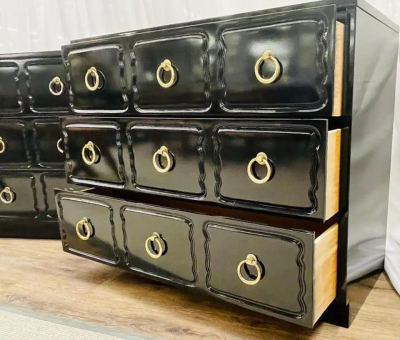 Dorothy Draper Pair Mid Century Modern Ebony Commodes Nightstands Chests Dorothy Draper Style