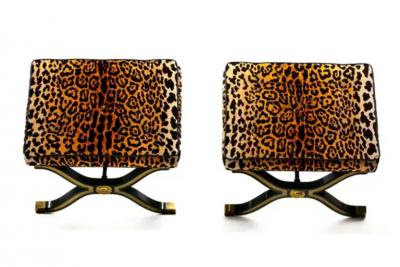Dorothy Draper Pair of Dorothy Draper Espa a X Stools Benches in Leopard Velvet circa 1955