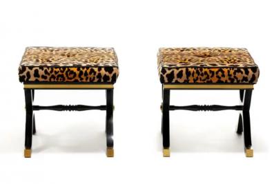 Dorothy Draper Pair of Dorothy Draper Espa a X Stools Benches in Leopard Velvet circa 1955