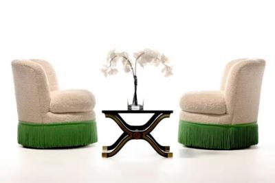 Dorothy Draper Pair of Dorothy Draper Style Hollywood Regency Scalloped Fringe Swivel Chairs