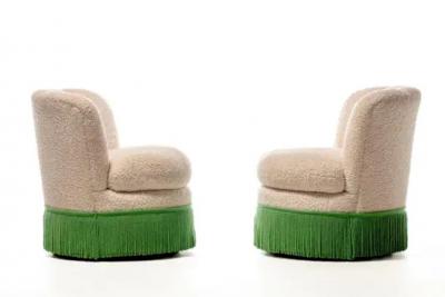 Dorothy Draper Pair of Dorothy Draper Style Hollywood Regency Scalloped Fringe Swivel Chairs