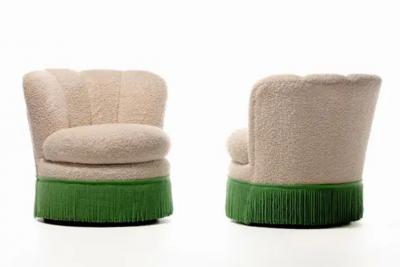 Dorothy Draper Pair of Dorothy Draper Style Hollywood Regency Scalloped Fringe Swivel Chairs