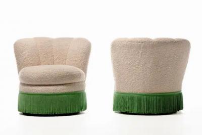 Dorothy Draper Pair of Dorothy Draper Style Hollywood Regency Scalloped Fringe Swivel Chairs