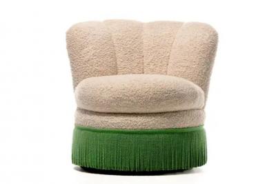 Dorothy Draper Pair of Dorothy Draper Style Hollywood Regency Scalloped Fringe Swivel Chairs