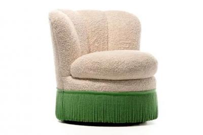 Dorothy Draper Pair of Dorothy Draper Style Hollywood Regency Scalloped Fringe Swivel Chairs