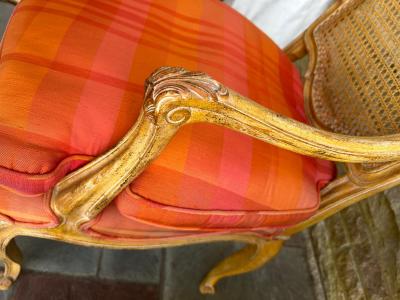 Dorothy Draper Pair of French Provincial Louis XV Caned Carved Fauteuils or Arm Chairs