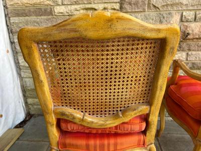 Dorothy Draper Pair of French Provincial Louis XV Caned Carved Fauteuils or Arm Chairs