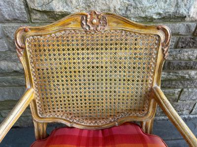 Dorothy Draper Pair of French Provincial Louis XV Caned Carved Fauteuils or Arm Chairs