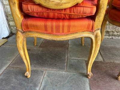 Dorothy Draper Pair of French Provincial Louis XV Caned Carved Fauteuils or Arm Chairs