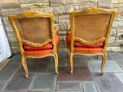 Dorothy Draper Pair of French Provincial Louis XV Caned Carved Fauteuils or Arm Chairs