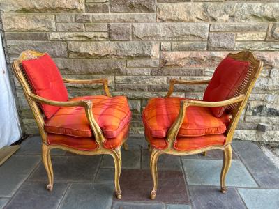 Dorothy Draper Pair of French Provincial Louis XV Caned Carved Fauteuils or Arm Chairs