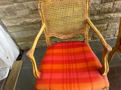 Dorothy Draper Pair of French Provincial Louis XV Caned Carved Fauteuils or Arm Chairs
