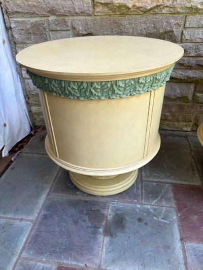 Dorothy Draper Stunning Pair Hollywood Regency Pedastal Drum Table Night Stand Mid Century