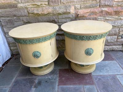Dorothy Draper Stunning Pair Hollywood Regency Pedastal Drum Table Night Stand Mid Century