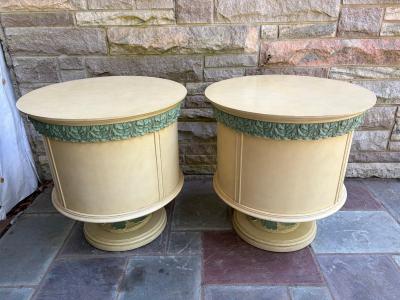 Dorothy Draper Stunning Pair Hollywood Regency Pedastal Drum Table Night Stand Mid Century