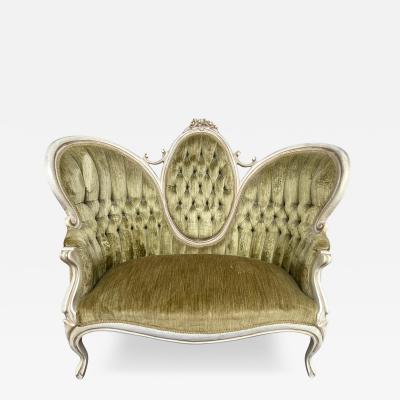 Dorothy Draper Stunning Victorian Style Carved Wood Settee Loveseat Tufted Back