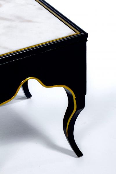Dorothy Draper Vintage Hollywood Regency Black Lacquered and Gilt Marble Topped Accent Tables