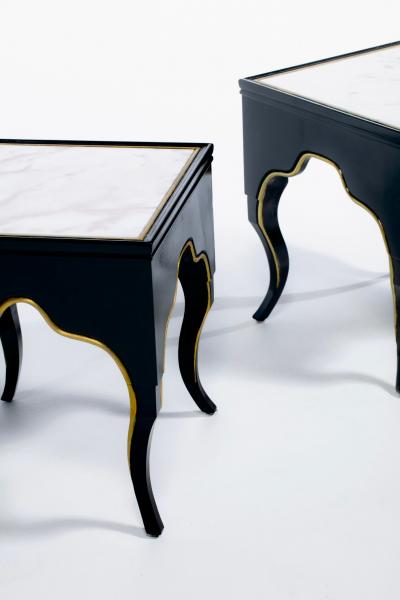 Dorothy Draper Vintage Hollywood Regency Black Lacquered and Gilt Marble Topped Accent Tables