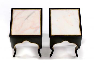 Dorothy Draper Vintage Hollywood Regency Black Lacquered and Gilt Marble Topped Accent Tables