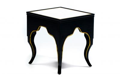 Dorothy Draper Vintage Hollywood Regency Black Lacquered and Gilt Marble Topped Accent Tables